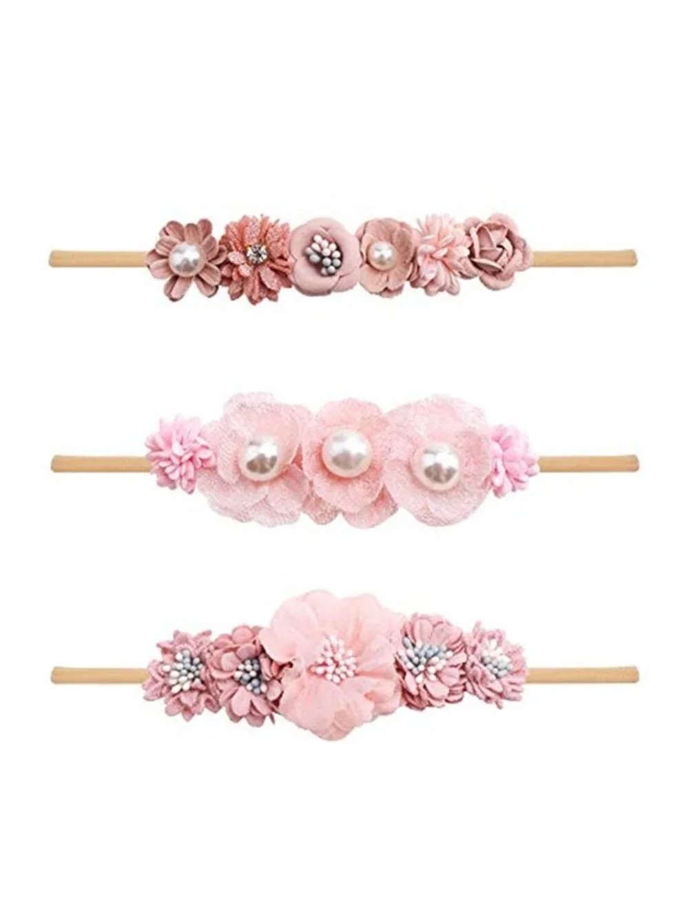 Baby Girl Headbands 3 Pack Pink Flower Nylon Hair Bands Newborn Infant Toddler